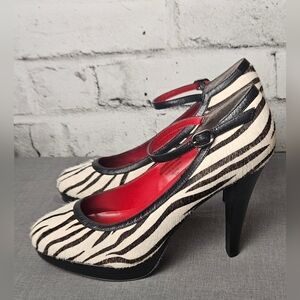 ParaPhase Faux Fur Zebra Print Red Bottom Platform Heels Size 8